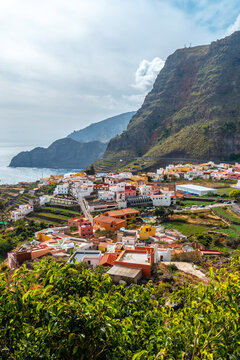 View of the village of Agulo between the valleys and municipalities of Hermigua and Vallehermoso in the north of La Gomera, Canary Islands