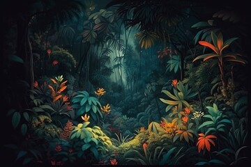 An illustration, wild and dark jungle, ai generative.