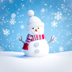 Funny snowman on Christmas holiday winter background, Merry Christmas and Happy Holidays wishes, generative ai