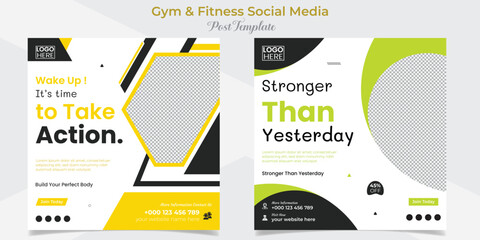 gym, fitness and sports social media post and square flyer post banner template design package