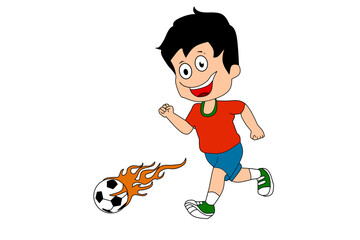 Child Running while kicking ball isolated on white background.Vector Illustration.