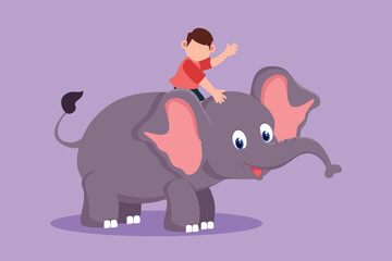 Cartoon flat style drawing adorable little boy riding elephant at amusement park. Child sitting on back elephant and travelling. Happy kid learning to ride elephant. Graphic design vector illustration