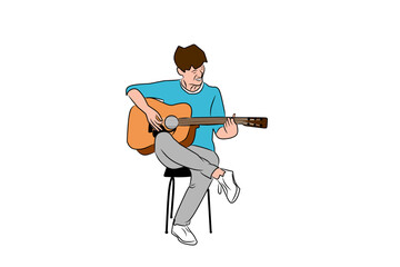 Man playing guitar sitting on chair isolated on white background. Vector Illustration.