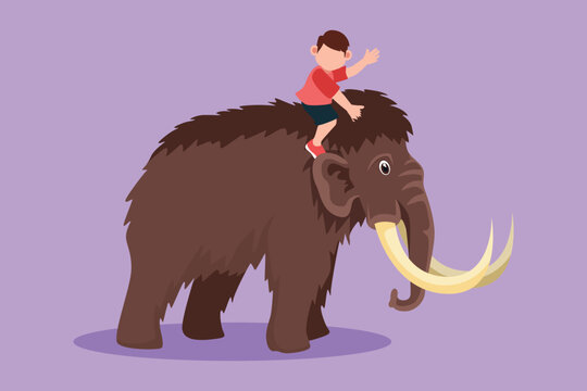 recommend clip art: Character flat drawing of bravery little boy caveman riding woolly mammoth. Adorable kids sitting on back of mammoth. Stone age children playing. Ancient human life. Cartoon design vector illustration
