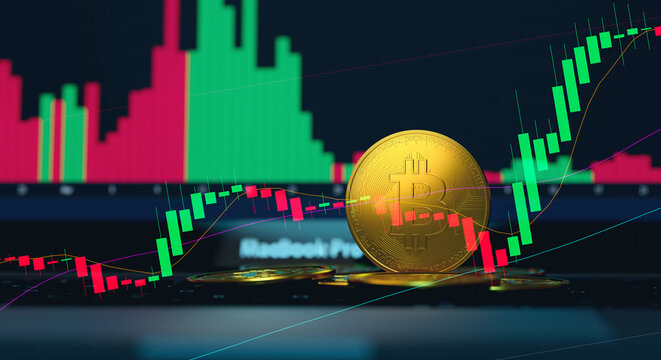 Bitcoin gold coin and defocused chart background. Investing in virtual assets. Investment platform with charts and bitcoin coin. Virtual cryptocurrency concept.