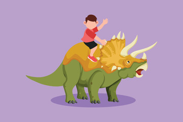 Cartoon flat style drawing bravery little boy caveman riding triceratops. Adorable kids sitting on back of dinosaur. Stone age children playing. Ancient human life. Graphic design vector illustration