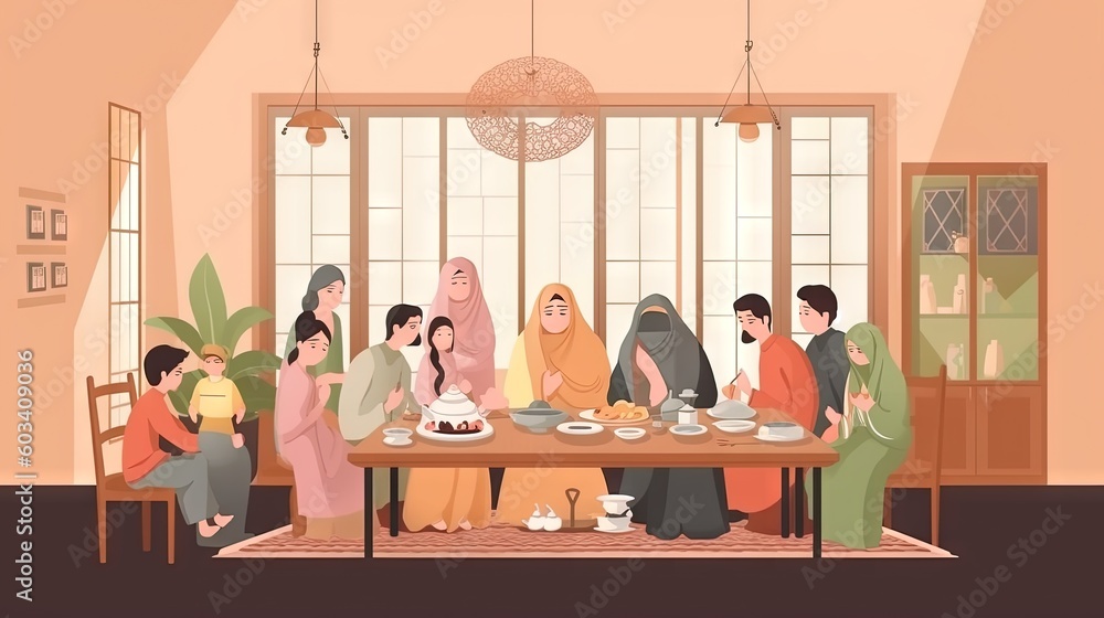 Poster a group of people sitting around a table with a cake. generative ai
