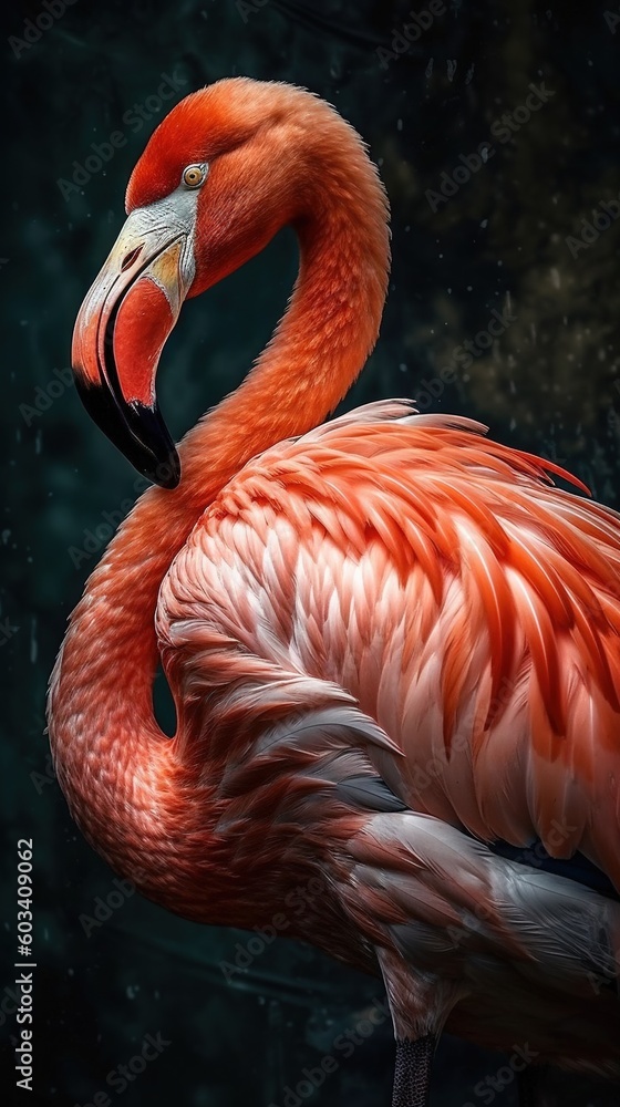 Poster a flamingo standing in the water with its head turned to the side. generative ai