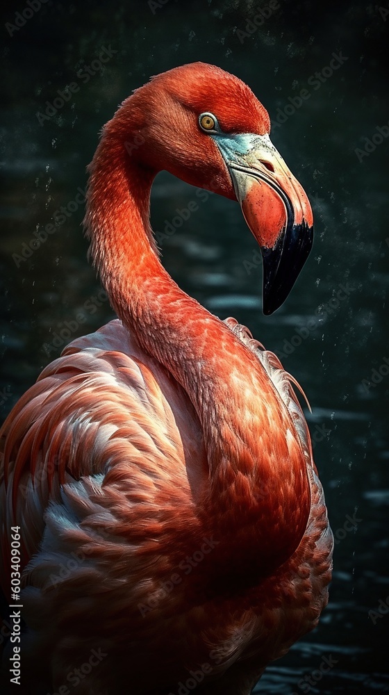 Poster a flamingo standing in the water with its beak open. generative ai