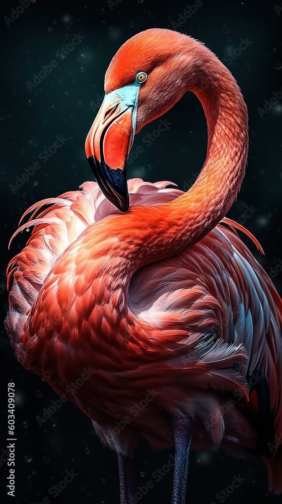 Poster a pink flamingo standing in the snow with its beak open. generative ai