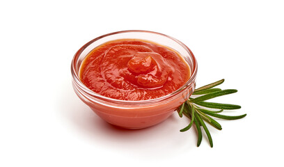 Bowl of tomato sauce, isolated on white background.