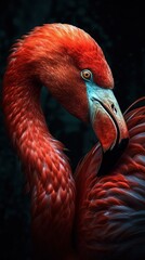  a red flamingo with a blue beak and a black background.  generative ai