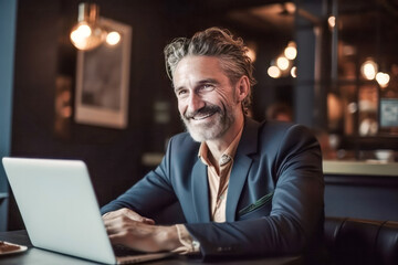Happy smiling business man company executive CEO or manager working remote on laptop computer in café.