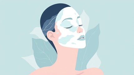  a woman with a sheet mask on her face and leaves around her face.  generative ai