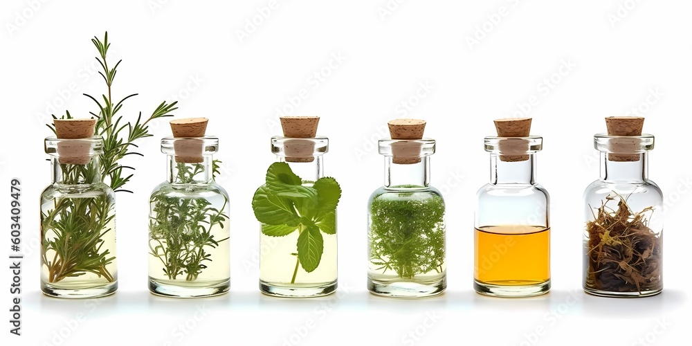 Wall mural herb oil bottles of homeopathy herbs. generative ai. isolated on white background