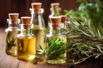 Herb oil bottles of homeopathy herbs. Generative AI.