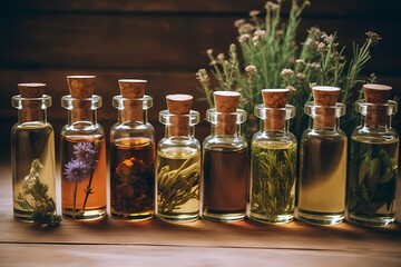 Herb oil bottles of homeopathy herbs. Generative AI.