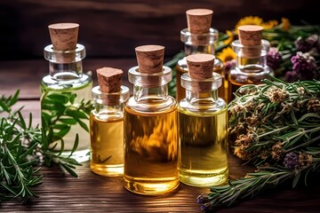 Obraz na płótnie Canvas Herb oil bottles of homeopathy herbs. Generative AI.