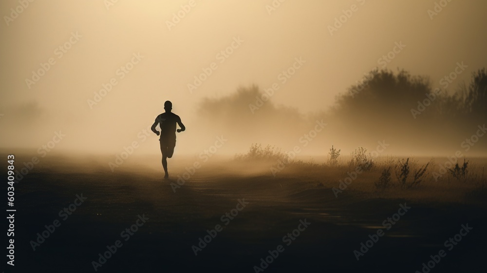 Poster a person running in the foggy field with trees in the background. generative ai