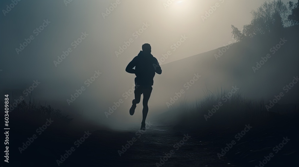 Poster a person running on a trail in a foggy field. generative ai