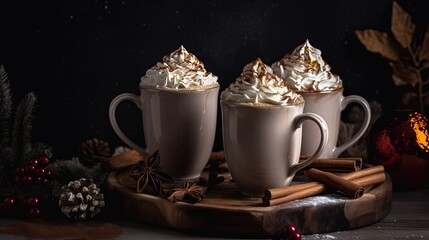  two mugs of hot chocolate with whipped cream on top.  generative ai