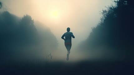  a man running through a foggy forest on a trail.  generative ai