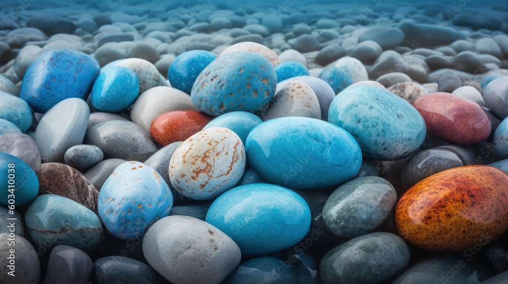 Poster a pile of rocks with different colored rocks on top of them. generative ai