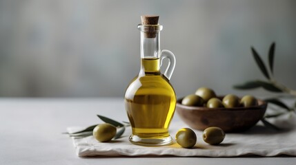 Obraz na płótnie Canvas a bottle of olive oil next to a bowl of olives. generative ai
