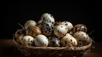 Naklejka na ściany i meble a basket filled with eggs on top of a wooden table. generative ai