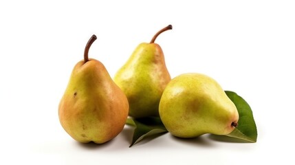 Fototapeta na wymiar three pears and a leaf on a white surface with a white background. generative ai