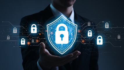 Cyber security concept.Businessman protects personal and corporate data.Internet network security and data protection.