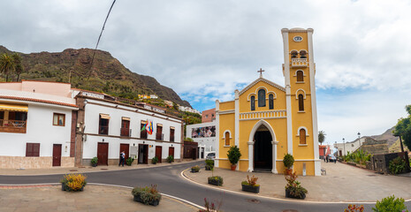 Fototapeta na wymiar Panoramic view at the Iglesia de La Encarnacion next to the town hall in the village of Hermigua in the north of La Gomera, Canary Islands