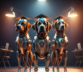 three cyborg dogs posing on stage with graduation hats ,created with Generative AI technology,