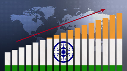 India flag on bar chart concept with increasing values, economic recovery and business improving after crisis and other catastrophe as economy and businesses reopen again