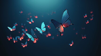 Naklejka na ściany i meble a group of blue butterflies flying through the air on a dark background. generative ai