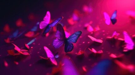 Obraz na płótnie Canvas a group of purple butterflies flying in the air with a pink background. generative ai