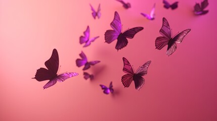  a group of purple butterflies flying in the air on a pink background.  generative ai