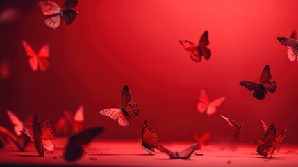  a group of red butterflies flying in the air on a red background.  generative ai