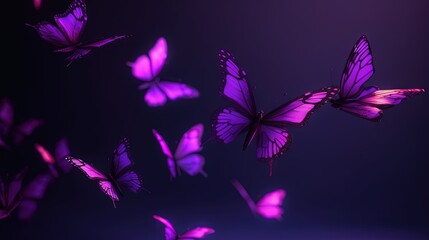 Naklejka na ściany i meble a group of purple butterflies flying in the air with a dark background. generative ai