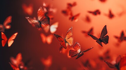  a group of red butterflies flying in the air over a red background.  generative ai