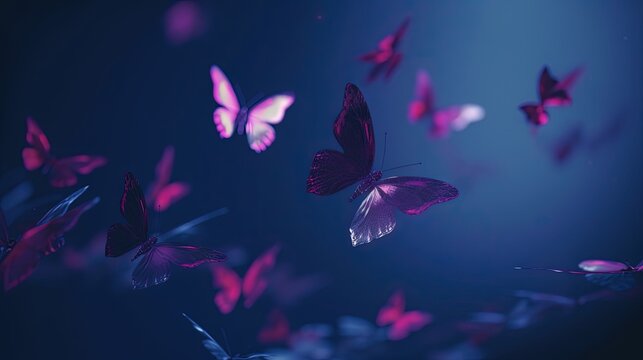  a group of purple butterflies flying in the air with a blue background.  generative ai
