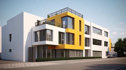 Traditional apartment building in mediterranian - exterior. Bright yellow and white facade with tall windows and long balconies. Portuguese style vintage house with multiple condos. Generative AI