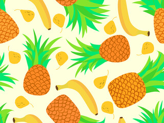 Seamless pattern with pineapples, bananas and pears. Fruit mix tropical summer background. Design of printing, banners and promotional materials. Vector illustration
