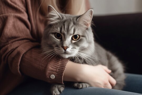 illustration, cat resting on a woman's lap at home, ai generative.