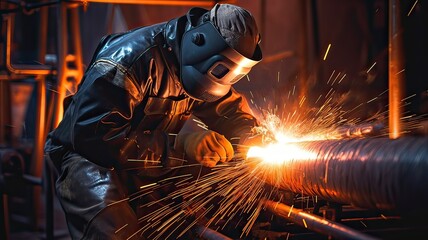 Fototapeta na wymiar Generative AI illustration close up A worker welding a pipeline in distillery