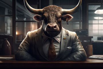 Bull in a business suit in the office, Generative AI