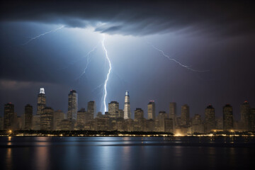 Obraz premium A dramatic lightning storm over San Francisco, California, viewed from Treasure Island. Generative AI