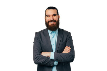 Studio portrait of a confident handsome man with arms crossed over white background.