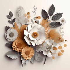 Flowers and leaves in paper form white background 