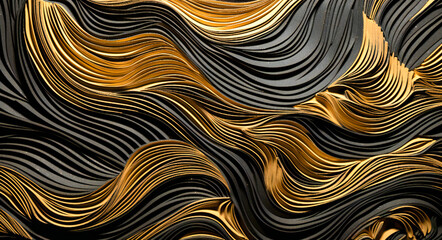 a gold and black abstract pattern with golden wavy lines